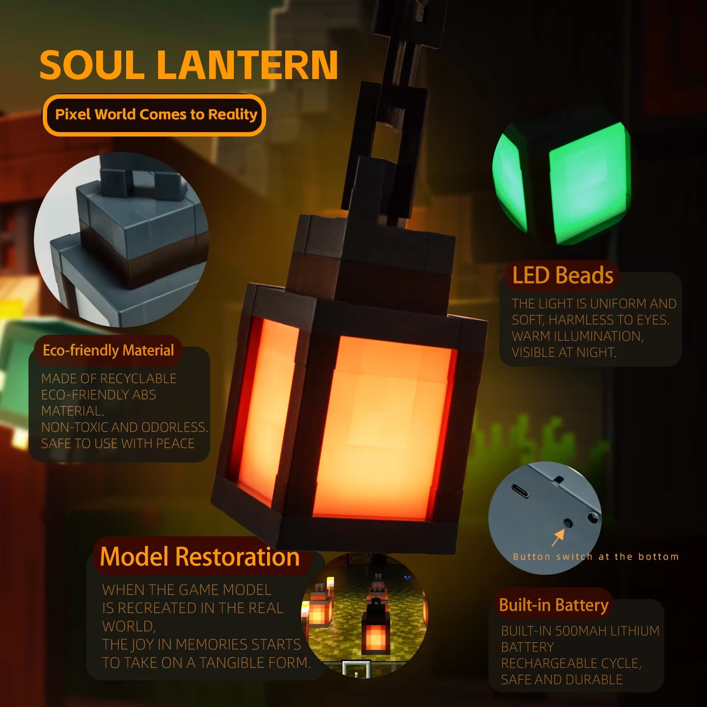Pixel Style Night Light Portable Lantern Tabletop Ornament 16 Colors Lantern DIY Interior Decoration Festival Atmosphere Light